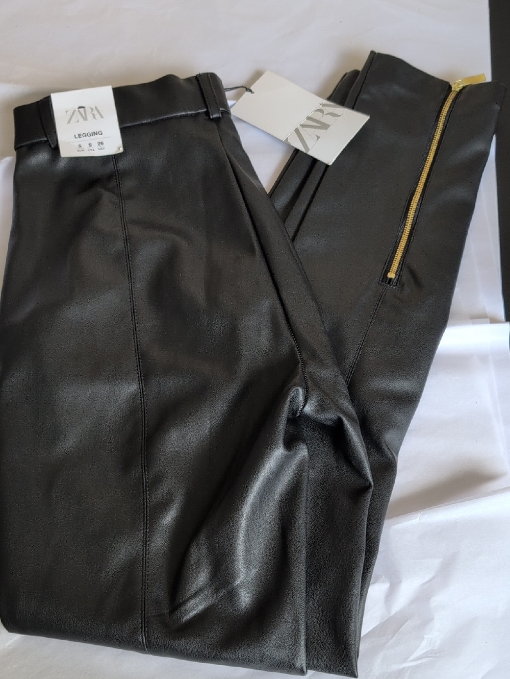 ZARA Black Faux Leather Leggings with Gold Zip Detail